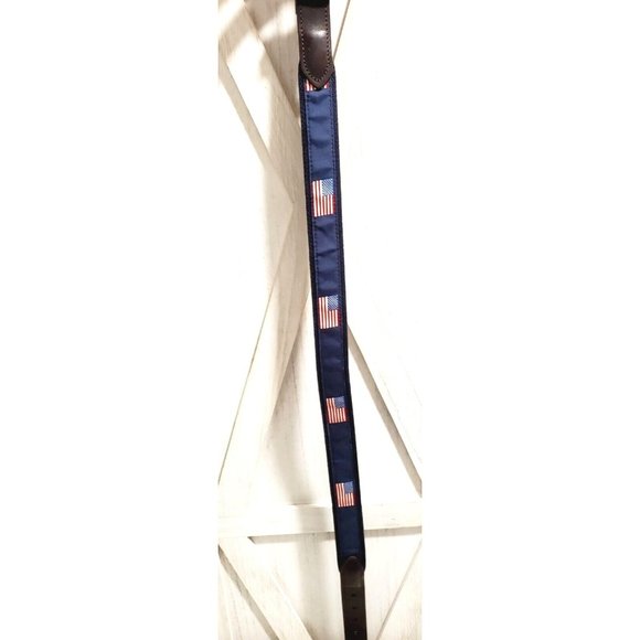 Vineyard Vines American Flags Canvas Club Belt Size 30 Navy + Brown Leather